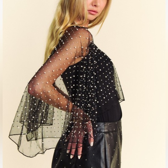 NEW TRENDING SO PRETTY PEARL RHINE STONE EMBELLISHED MESH TOPPER CAPE - Picture 6 of 7